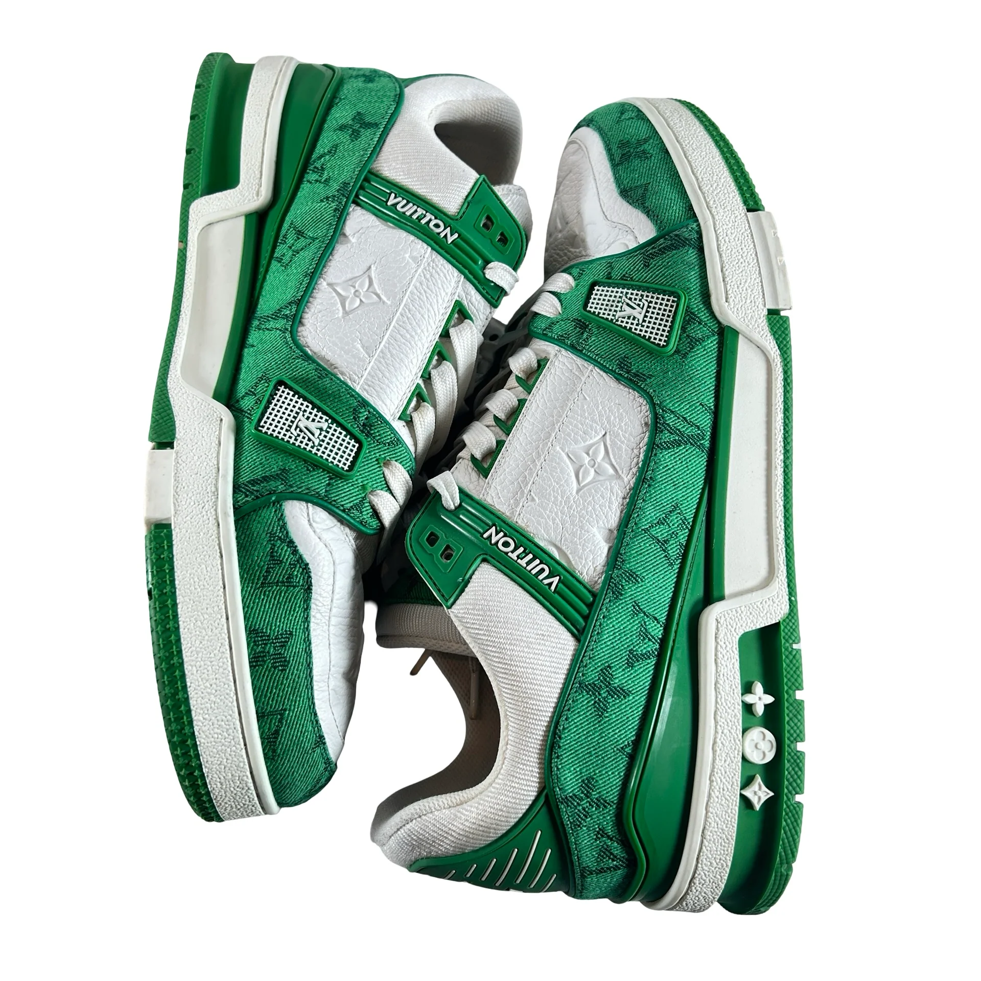 1A9JHV Louis Vuitton Trainer Green Monogram Denim White [USED] - 9 LV (10-10.5 US) (Used) - Image 5
