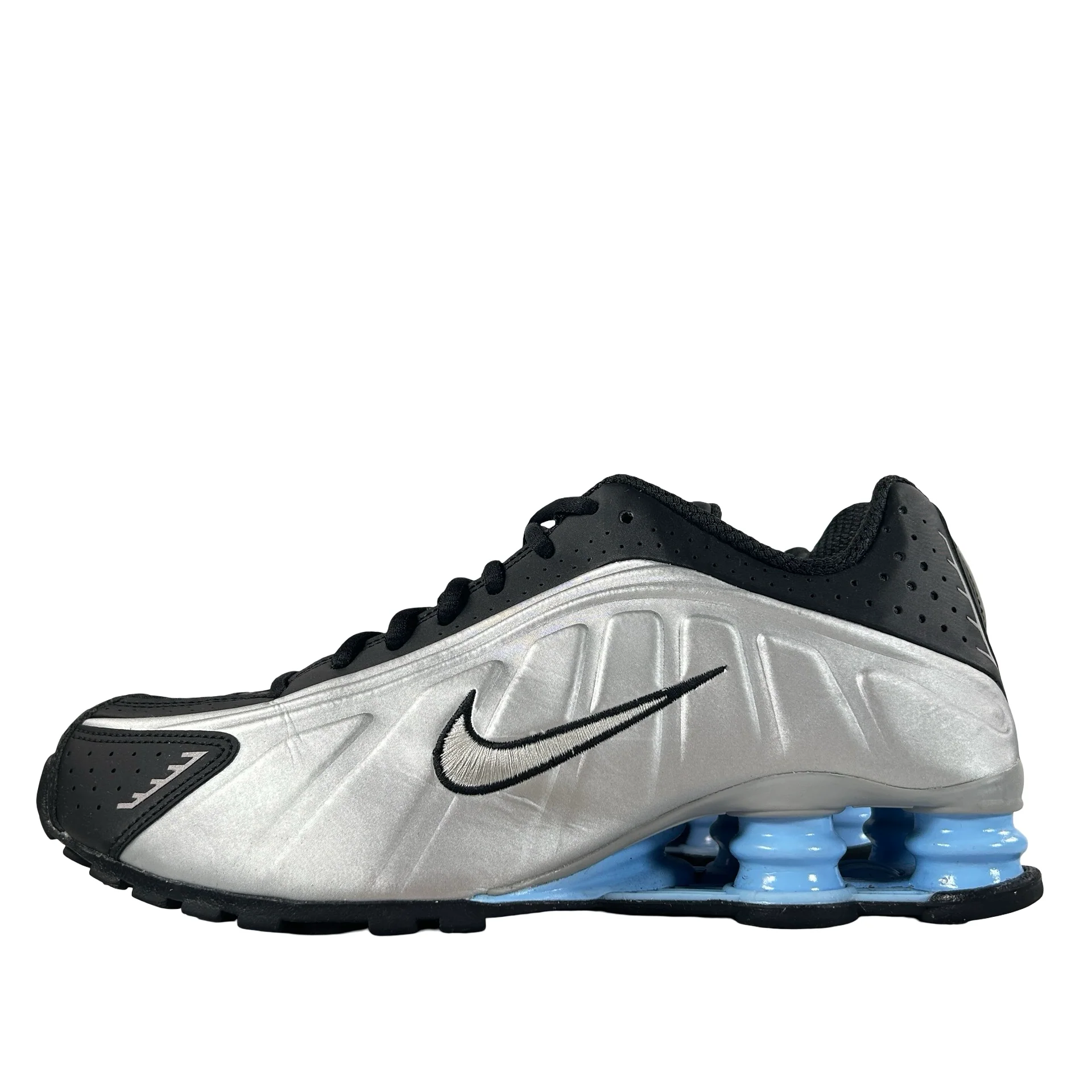 HQ1988 004 Nike Shox R4 Metallic Silver Black Psychic Blue [USED] -  9 M (Used)