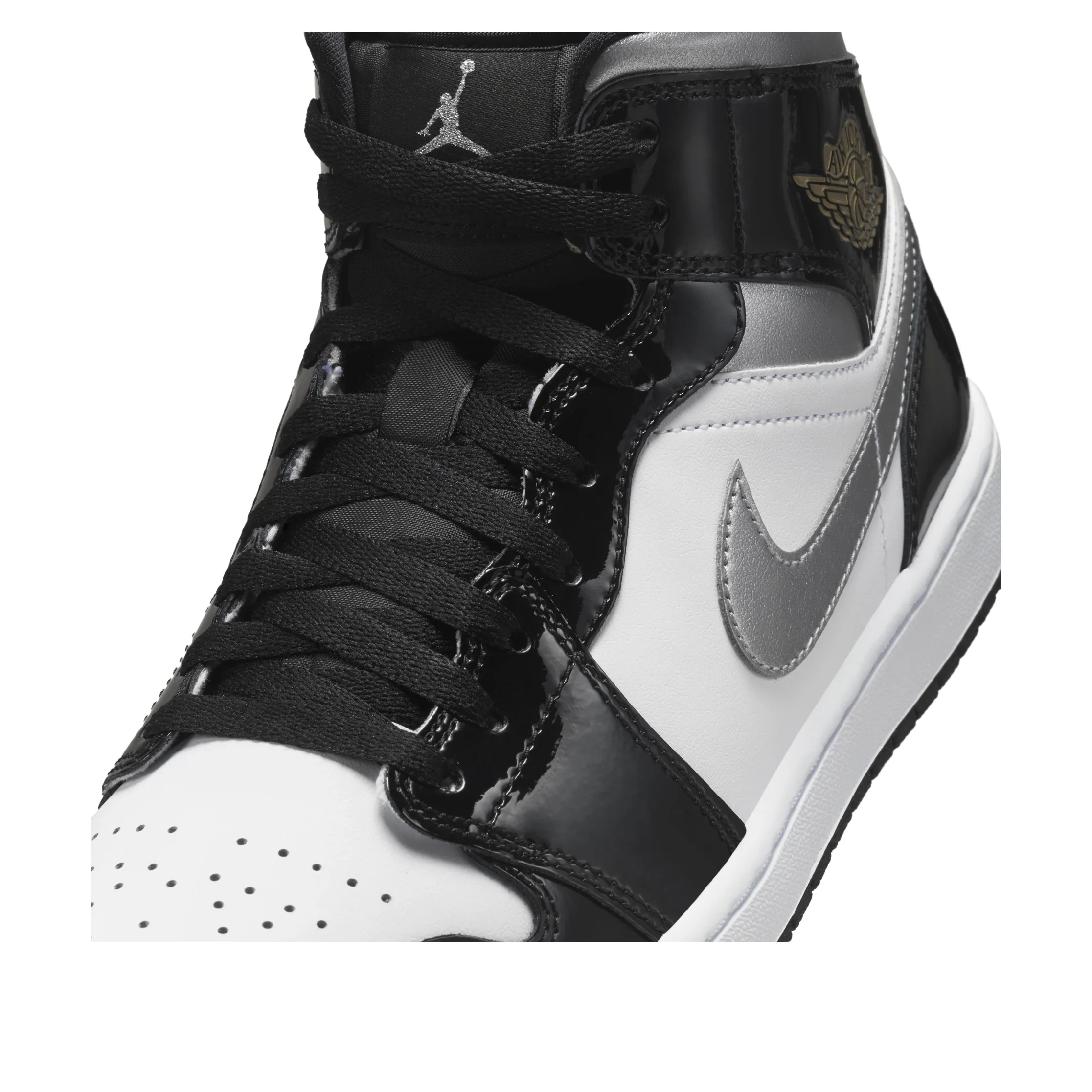 HV0789 010 Air Jordan 1 Mid SE Patent Black White Metallic Silver Metallic Gold - Image 6