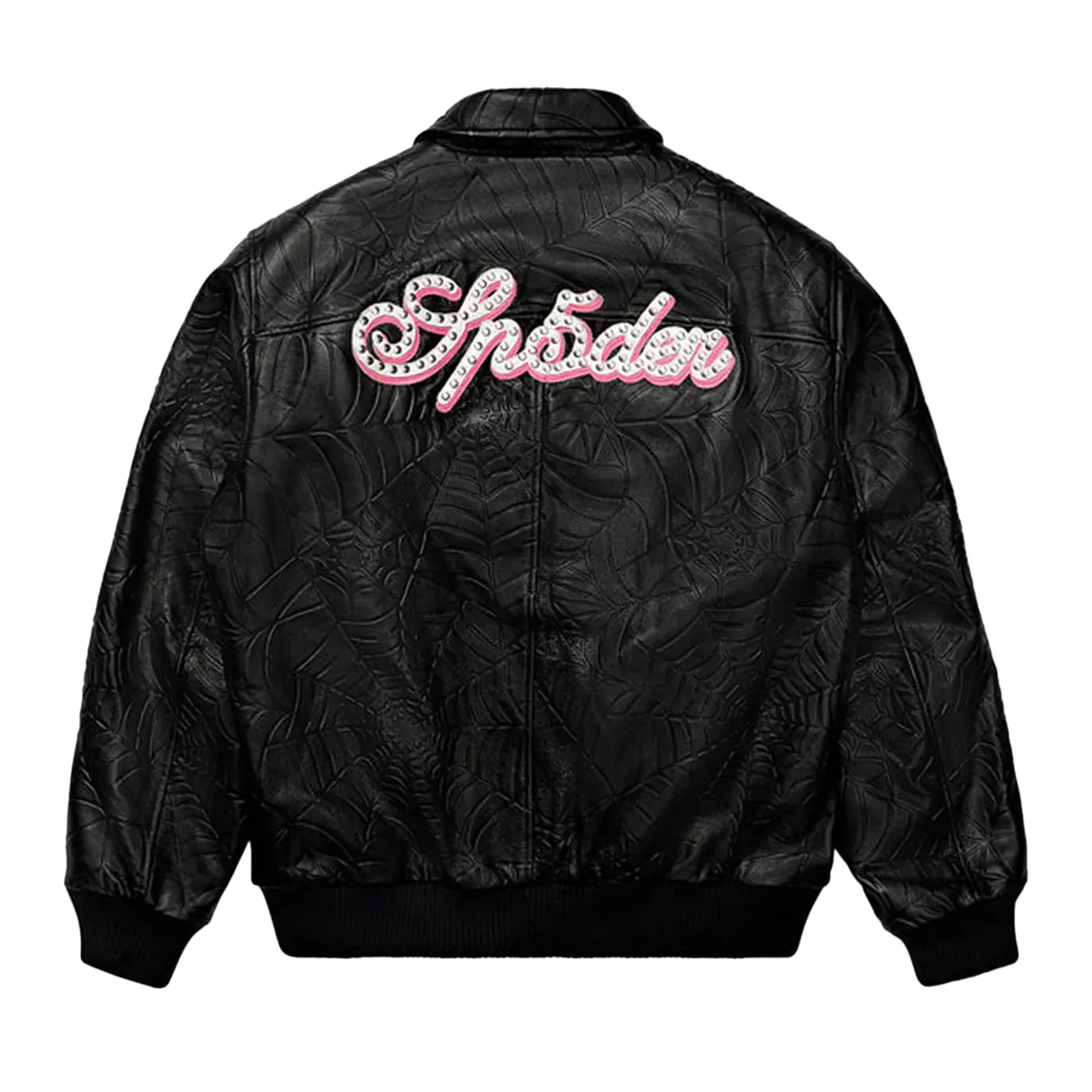 Sp5der Debossed Web Leather Jacket Black