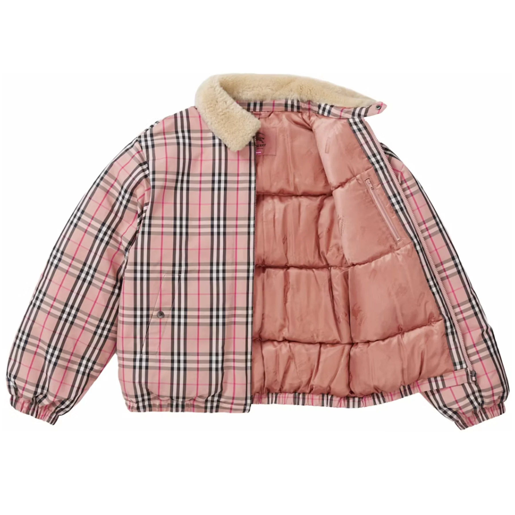 Supreme Burberry Shearling Collar Down Puffer Jacket Pink - Image 2