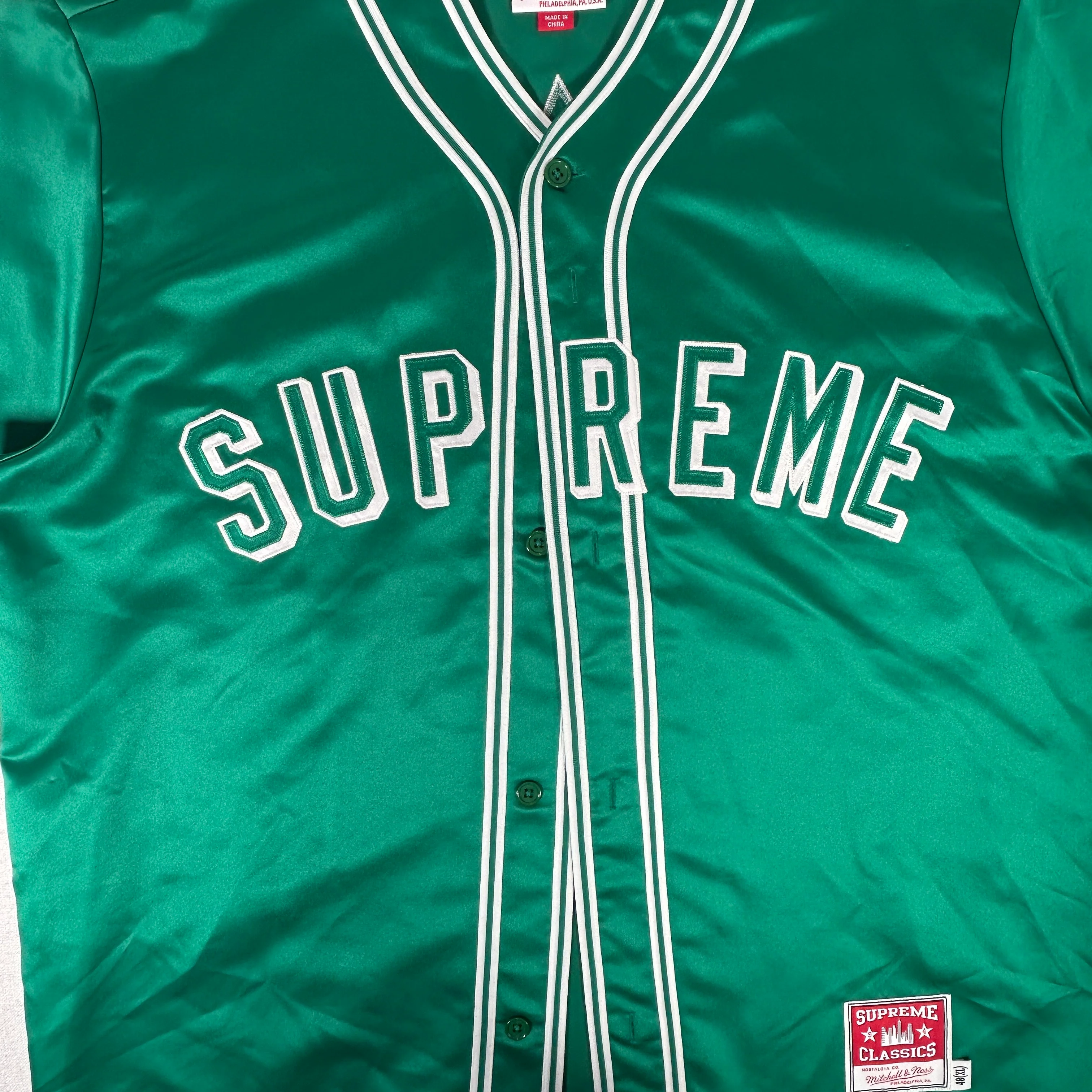 Supreme Mitchell & Ness Satin Baseball Jersey Green [USED] - XL (Used) - Image 2