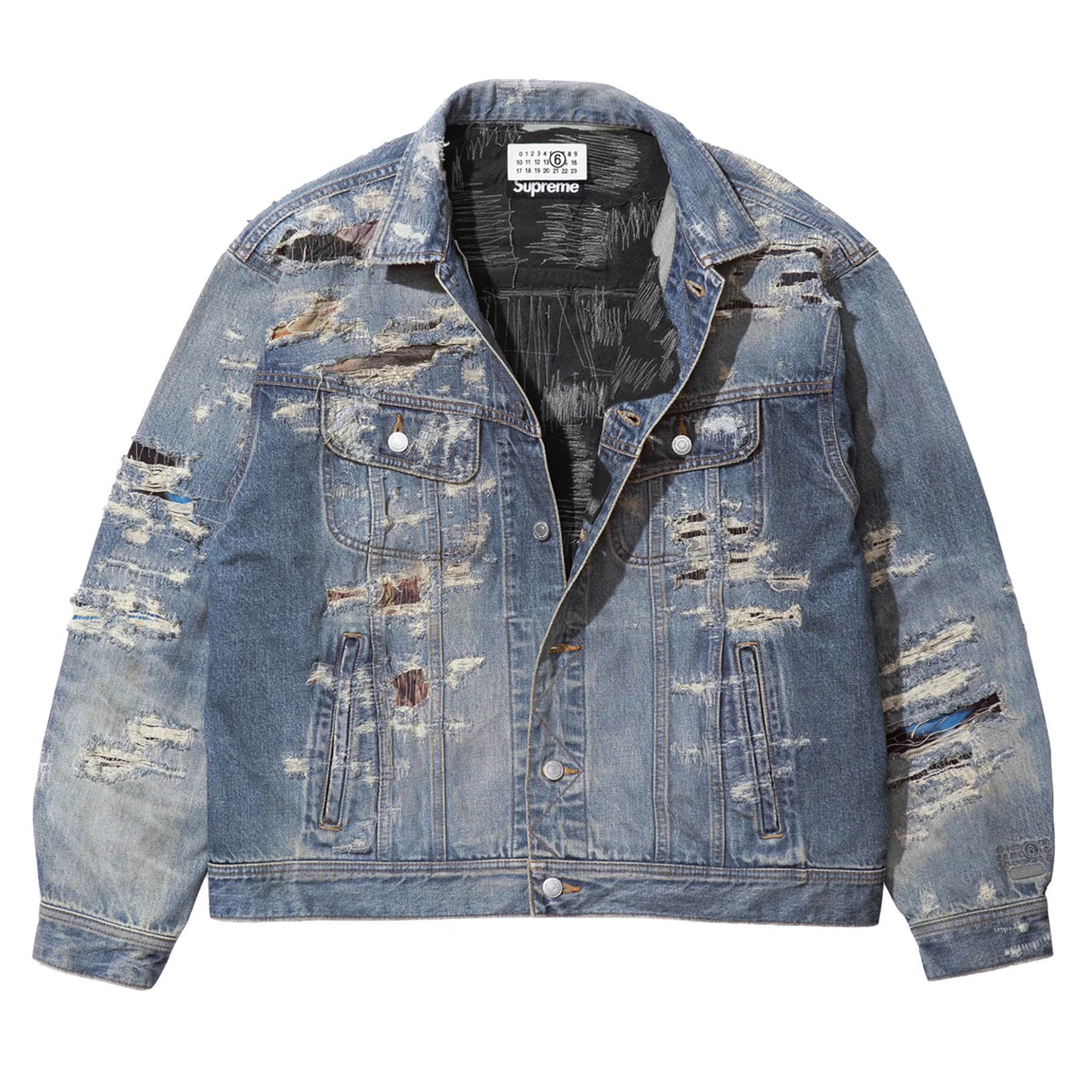 Supreme MM6 Maison Margiela Distressed Selvedge Denim Trucker Jacket Blue - Image 3