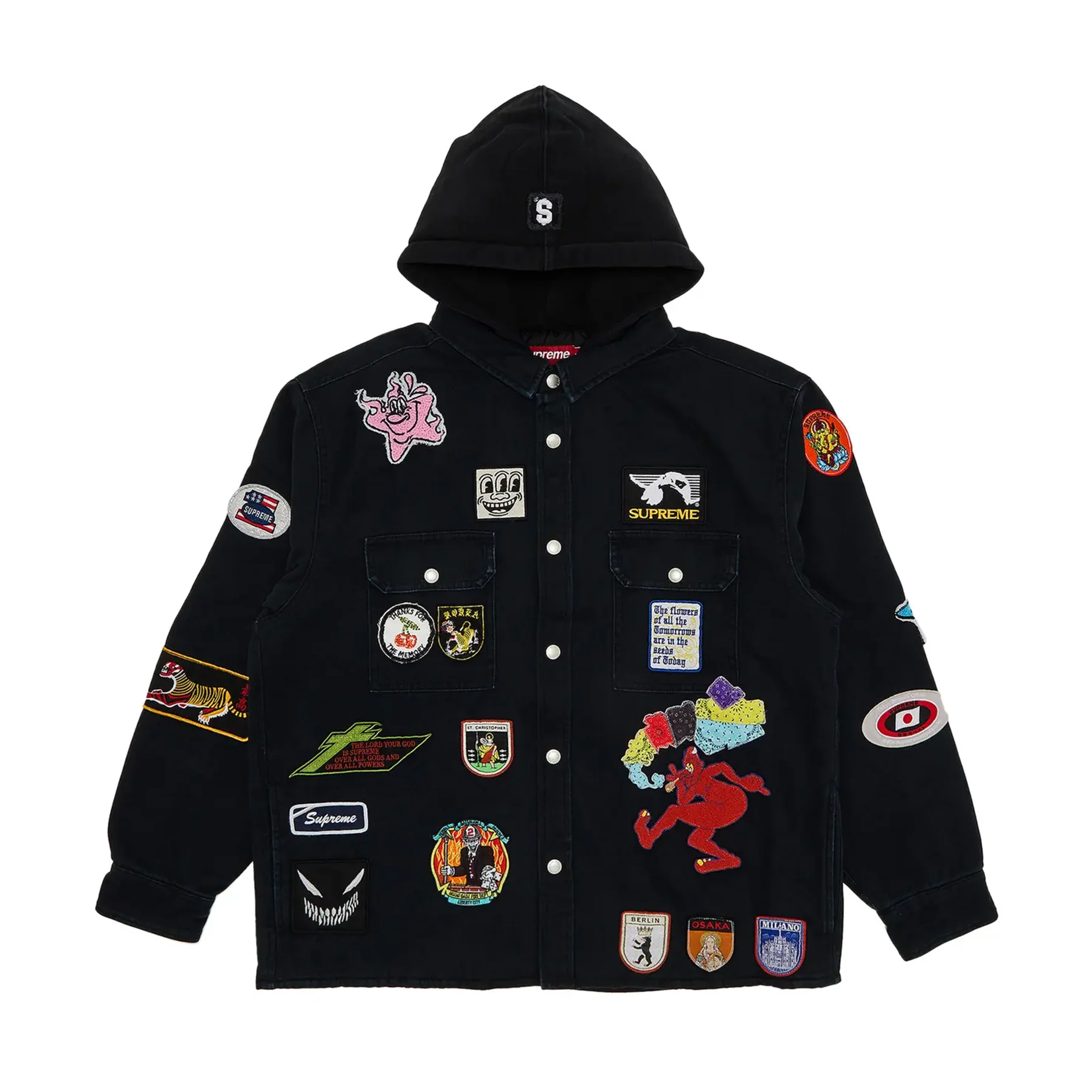 Supreme Patches Hooded Zip Up Shirt Black [USED] - L (Used)