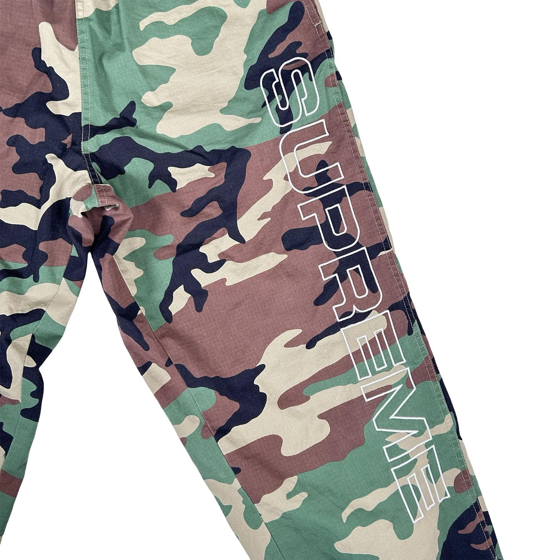 Supreme Spellout Embroidered Ripstop Track Pant Woodland Camo [USED] - S (Used) - Image 3